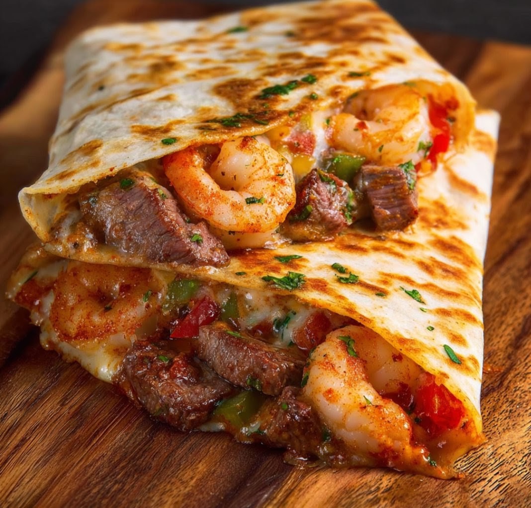 CHEESY SHRIMP & STEAK QUESADILLA